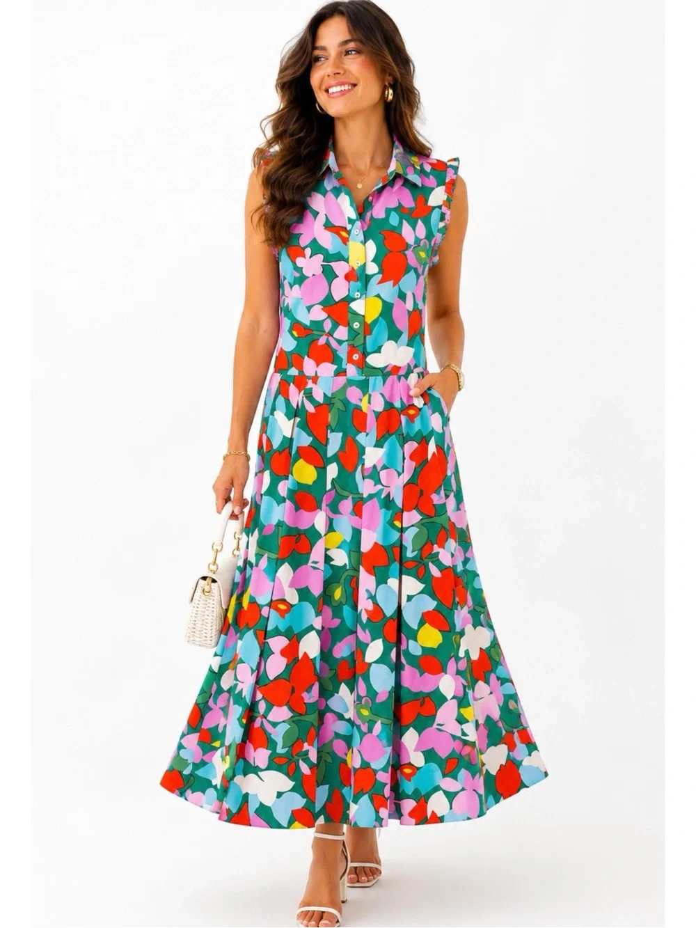 J. CREW | Pleated Shirtdress in Confetti Floral Button Front Maxi Dress Sz. 2